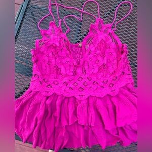 Adorable Pink Free People Deep V Lace Tank